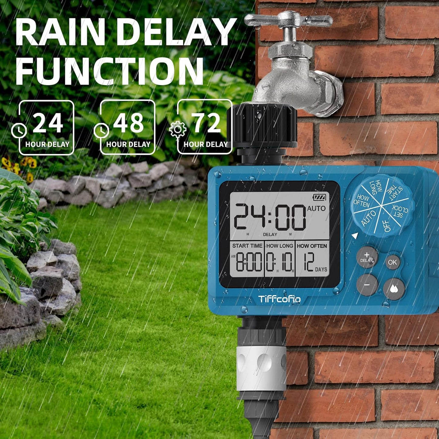 Sprinkler Timer Outdoor, Digital Programmable for Garden Hose, Irrigrtion Timer with Rain Delay and Manual Mode (Water Volume Control, 1 Pack)