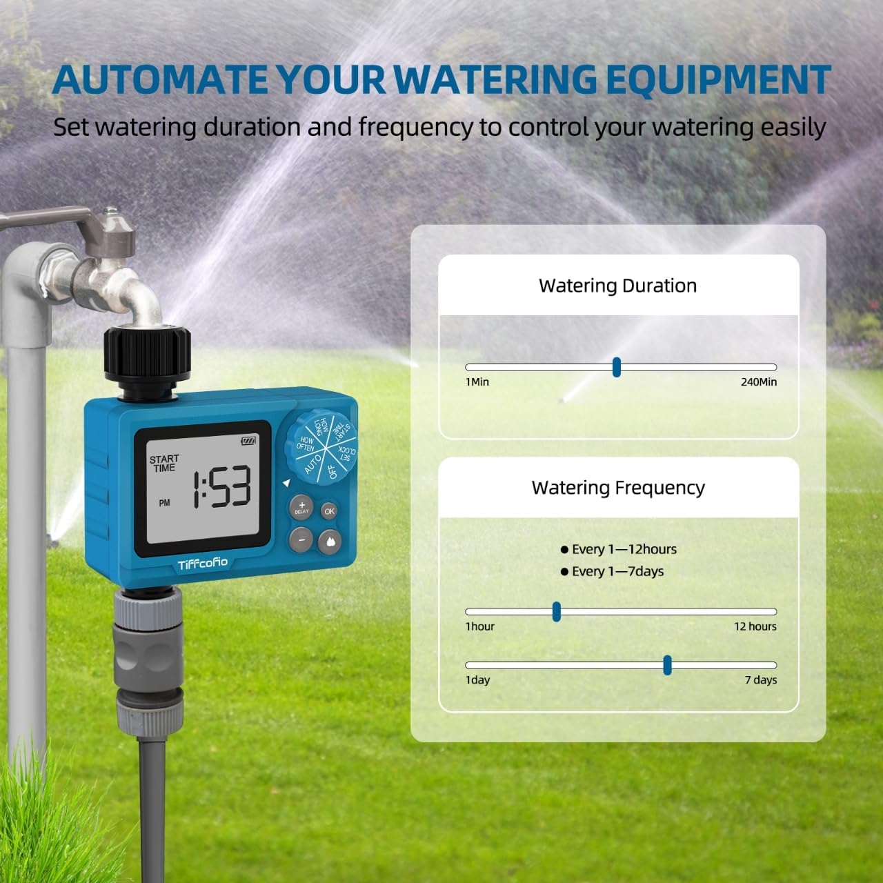 Sprinkler Timer Outdoor, Digital Programmable for Garden Hose, Irrigrtion Timer with Rain Delay and Manual Mode (Water Volume Control, 1 Pack)