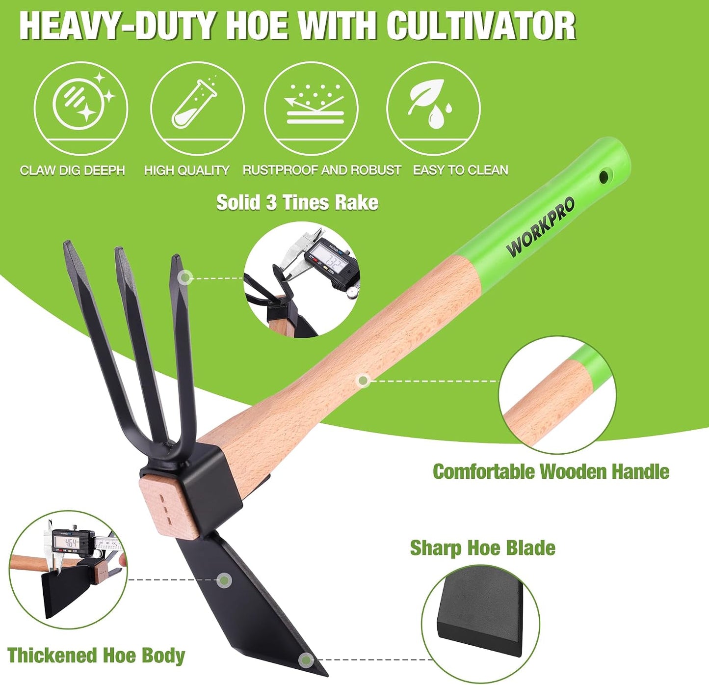 Hoe and Cultivator Garden Rake with 14" Wooden Handle