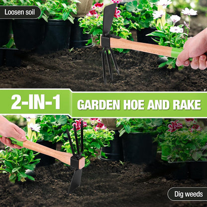 Hoe and Cultivator Garden Rake with 14" Wooden Handle
