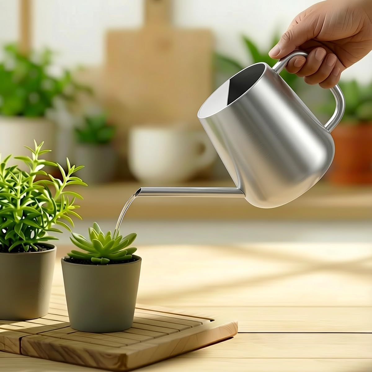 Watering Can for Indoor & Outdoor Plants, 35 oz/1000ml Watering Can with Metal Handle, Stainless Steel Garden Long Spout Watering Pot for Indoor House Plants Bonsai Flower Decorative