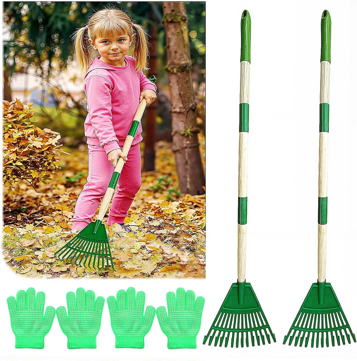 2 Pack Kids Leaf Rake Set, 34" Adjustable Detachable Garden Rake with 2 Pairs Gloves, Lightweight Wooden Handle for Ages 3+, Green