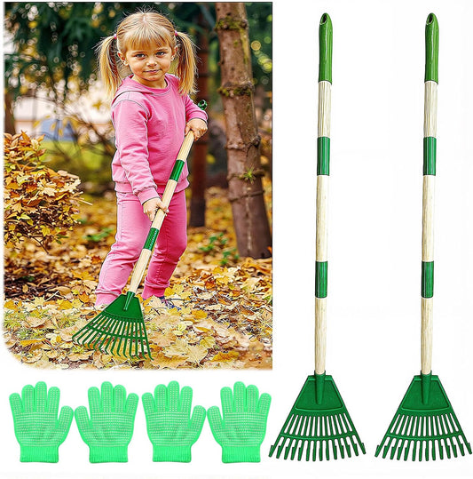 2 Pack Kids Leaf Rake Set, 34" Adjustable Detachable Garden Rake with 2 Pairs Gloves, Lightweight Wooden Handle for Ages 3+, Green