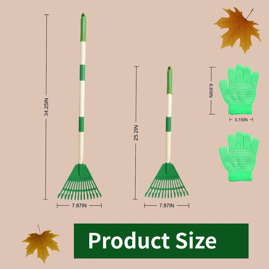 2 Pack Kids Leaf Rake Set, 34" Adjustable Detachable Garden Rake with 2 Pairs Gloves, Lightweight Wooden Handle for Ages 3+, Green