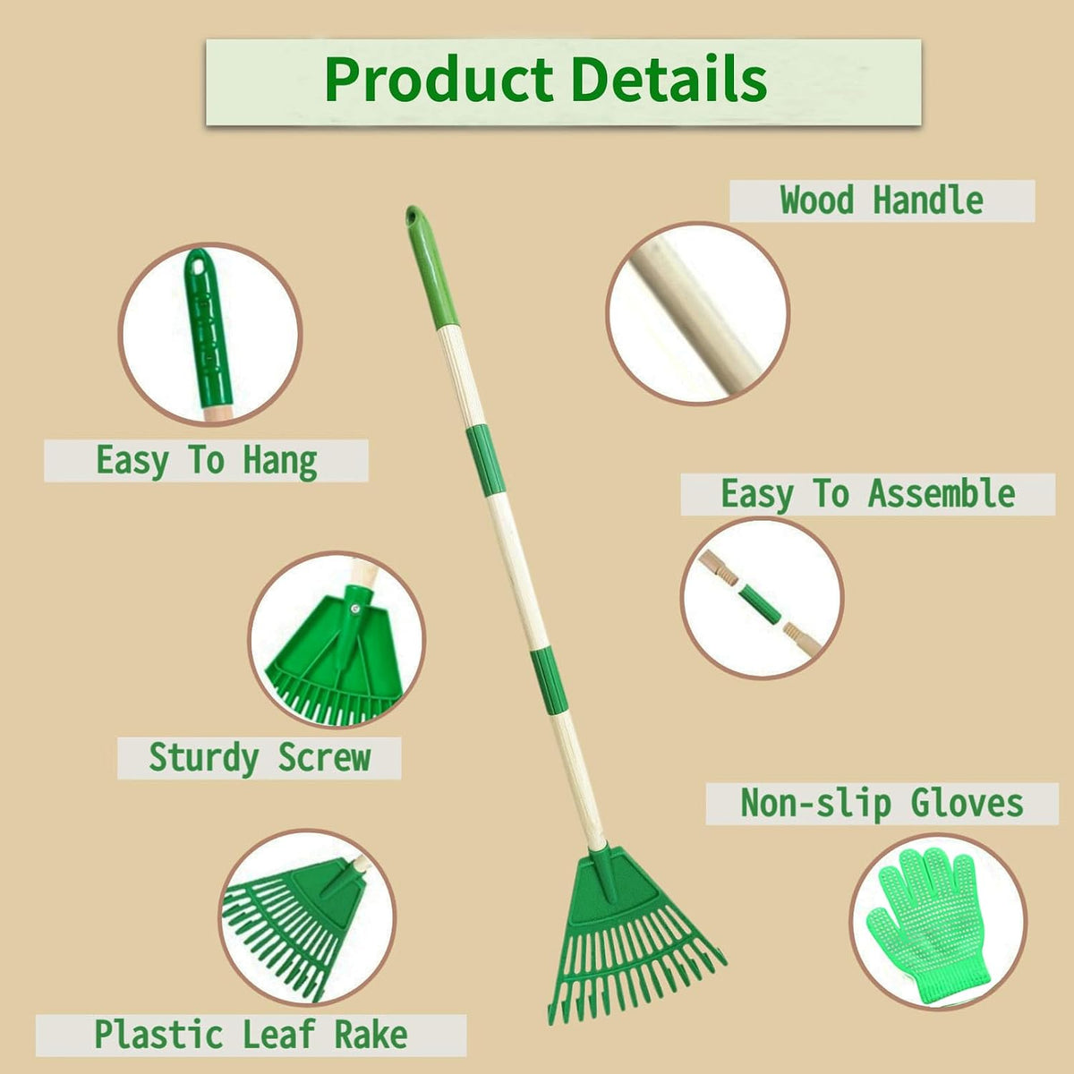 2 Pack Kids Leaf Rake Set, 34" Adjustable Detachable Garden Rake with 2 Pairs Gloves, Lightweight Wooden Handle for Ages 3+, Green