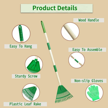 2 Pack Kids Leaf Rake Set, 34" Adjustable Detachable Garden Rake with 2 Pairs Gloves, Lightweight Wooden Handle for Ages 3+, Green