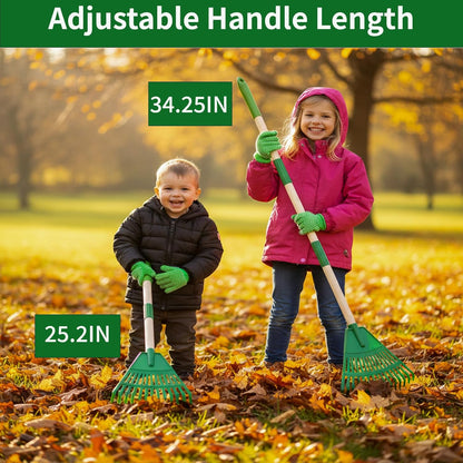 2 Pack Kids Leaf Rake Set, 34" Adjustable Detachable Garden Rake with 2 Pairs Gloves, Lightweight Wooden Handle for Ages 3+, Green