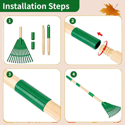 2 Pack Kids Leaf Rake Set, 34" Adjustable Detachable Garden Rake with 2 Pairs Gloves, Lightweight Wooden Handle for Ages 3+, Green