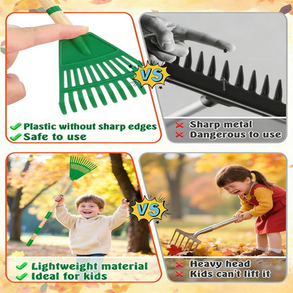 2 Pack Kids Leaf Rake Set, 34" Adjustable Detachable Garden Rake with 2 Pairs Gloves, Lightweight Wooden Handle for Ages 3+, Green