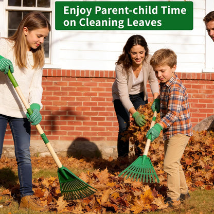2 Pack Kids Leaf Rake Set, 34" Adjustable Detachable Garden Rake with 2 Pairs Gloves, Lightweight Wooden Handle for Ages 3+, Green