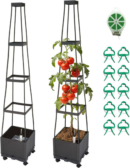 Movable Raised Garden Bed Tomato Planter Box with Trellis and Universal Wheel Self-Watering Garden Beds Outdoor for Vegetables 2-Pack