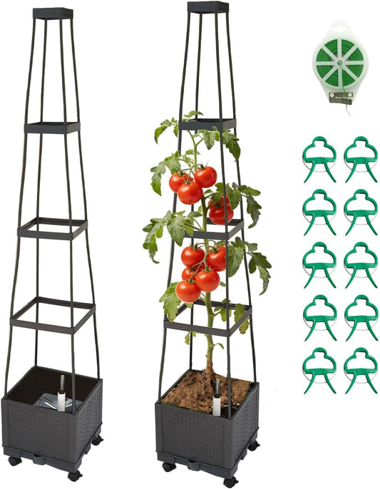 Movable Raised Garden Bed Tomato Planter Box with Trellis and Universal Wheel Self-Watering Garden Beds Outdoor for Vegetables 2-Pack