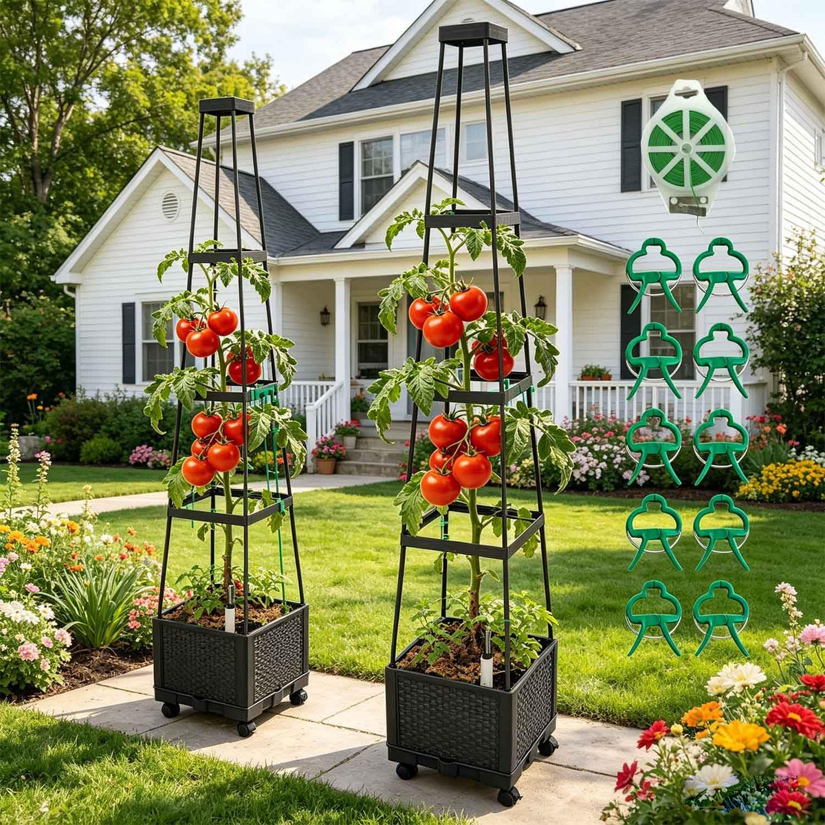 Movable Raised Garden Bed Tomato Planter Box with Trellis and Universal Wheel Self-Watering Garden Beds Outdoor for Vegetables 2-Pack