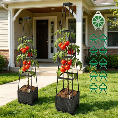 Movable Raised Garden Bed Tomato Planter Box with Trellis and Universal Wheel Self-Watering Garden Beds Outdoor for Vegetables 2-Pack