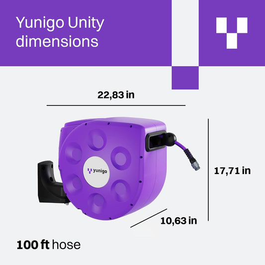 UNITY 100ft, Wall-Mounted Retractable Hose Reel, Slow Rewind, Complete System with Spray Nozzle, 180° Pivoting Mount, Fully Preassembled Compact System for Home & Garden Watering