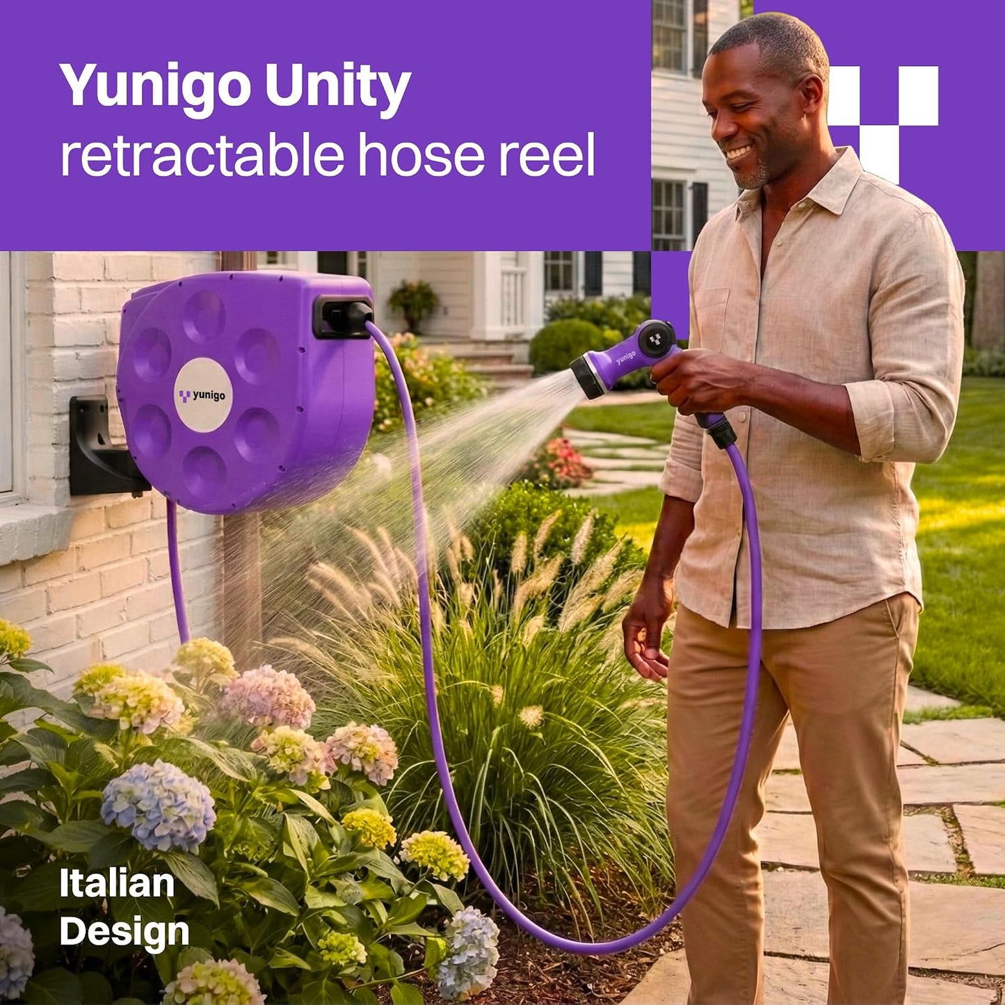 UNITY 100ft, Wall-Mounted Retractable Hose Reel, Slow Rewind, Complete System with Spray Nozzle, 180° Pivoting Mount, Fully Preassembled Compact System for Home & Garden Watering