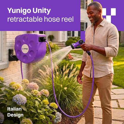 UNITY 100ft, Wall-Mounted Retractable Hose Reel, Slow Rewind, Complete System with Spray Nozzle, 180° Pivoting Mount, Fully Preassembled Compact System for Home & Garden Watering