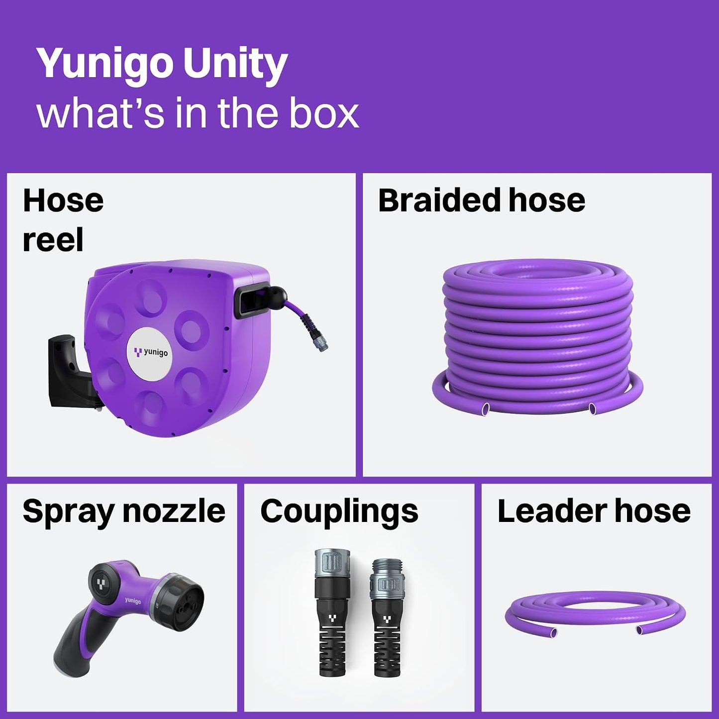 UNITY 100ft, Wall-Mounted Retractable Hose Reel, Slow Rewind, Complete System with Spray Nozzle, 180° Pivoting Mount, Fully Preassembled Compact System for Home & Garden Watering