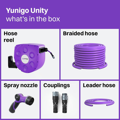 UNITY 100ft, Wall-Mounted Retractable Hose Reel, Slow Rewind, Complete System with Spray Nozzle, 180° Pivoting Mount, Fully Preassembled Compact System for Home & Garden Watering