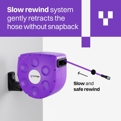 UNITY 100ft, Wall-Mounted Retractable Hose Reel, Slow Rewind, Complete System with Spray Nozzle, 180° Pivoting Mount, Fully Preassembled Compact System for Home & Garden Watering