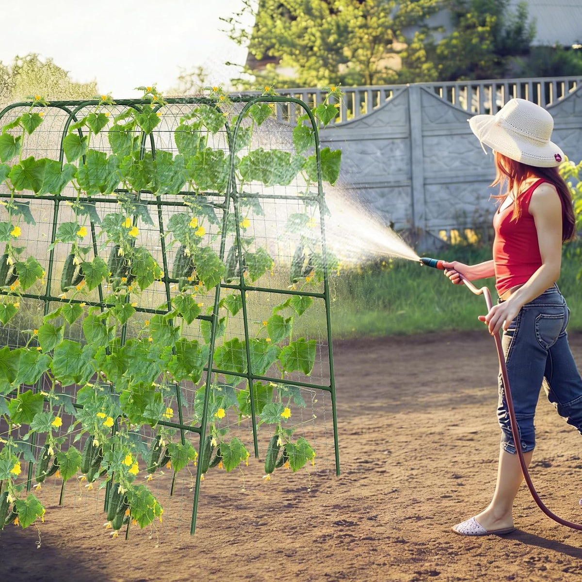 Cucumber Trellis for Raised Bed, 63"x47.2" U-Shape Garden Trellis for Climbing Plants Outdoor with Climbing Net, Metal Arch Plant Support for Cucumbers Tomatoes Peas Beans