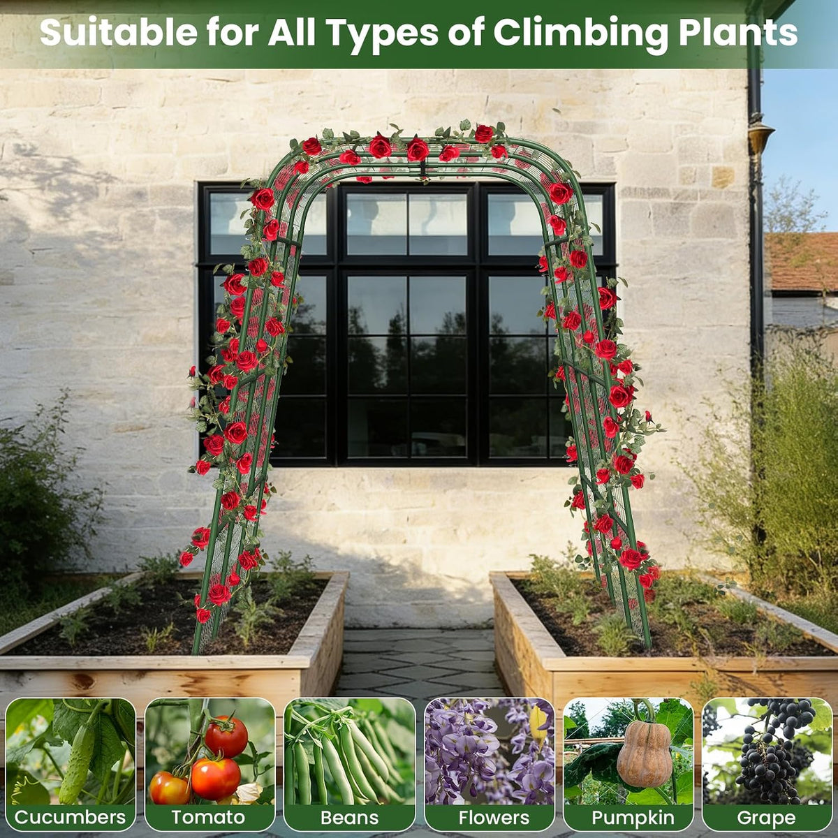 Cucumber Trellis for Raised Bed, 63"x47.2" U-Shape Garden Trellis for Climbing Plants Outdoor with Climbing Net, Metal Arch Plant Support for Cucumbers Tomatoes Peas Beans
