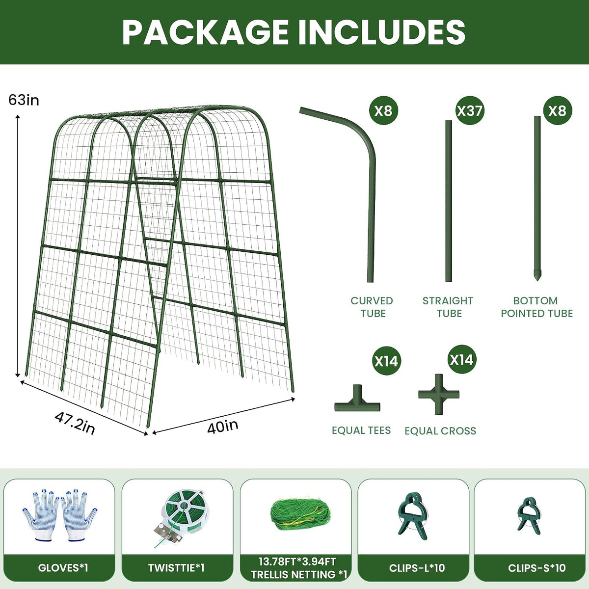 Cucumber Trellis for Raised Bed, 63"x47.2" U-Shape Garden Trellis for Climbing Plants Outdoor with Climbing Net, Metal Arch Plant Support for Cucumbers Tomatoes Peas Beans