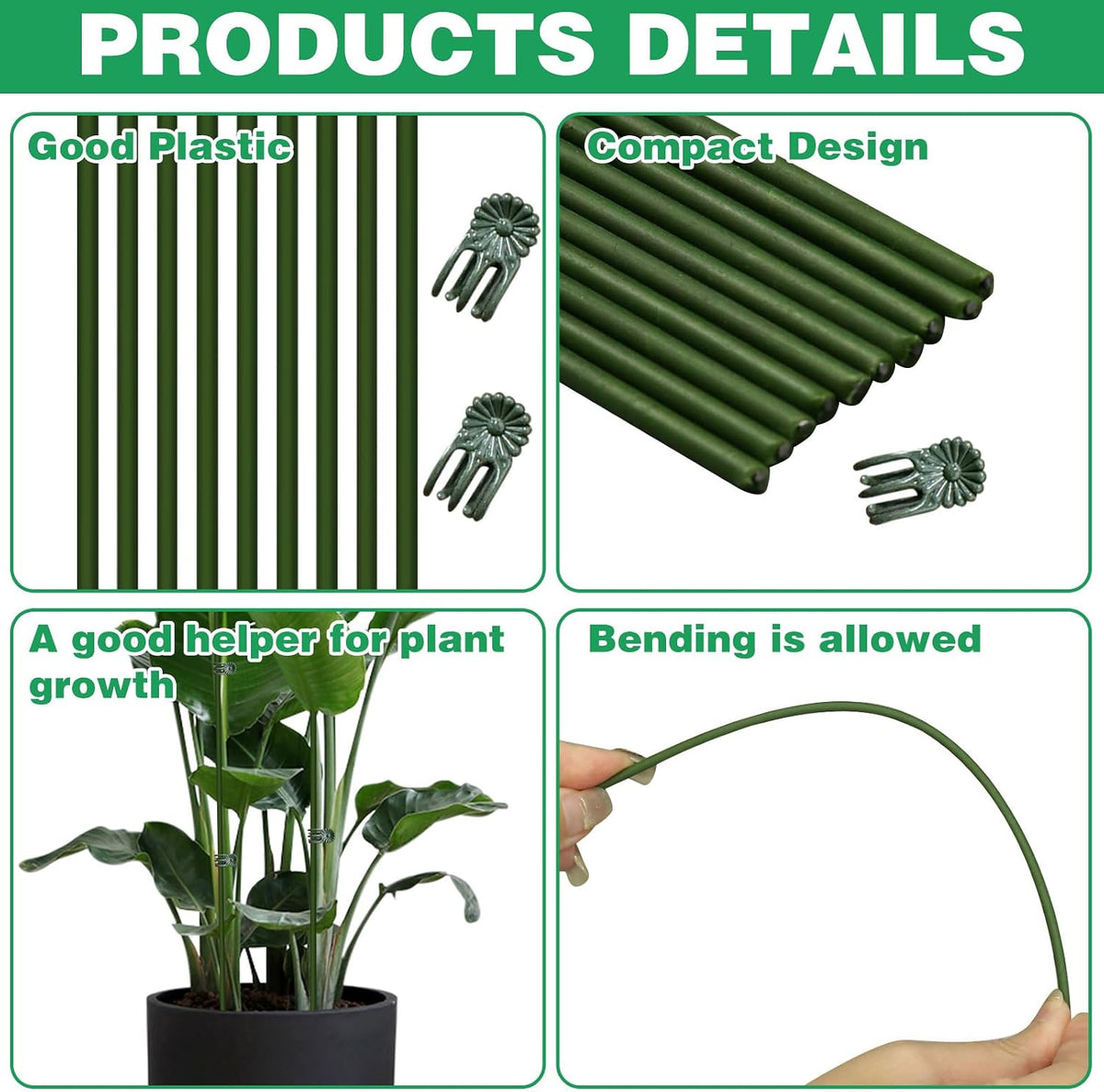 10Pcs Plant Support Stakes with 15Pcs Plant Clips, 15.75inch Tall Bendable Single Stem Sticks Orchid Clips Brown Helps Growth for Indoor Outdoor Flowers Rose Amaryllis