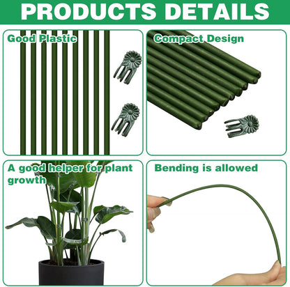 10Pcs Plant Support Stakes with 15Pcs Plant Clips, 15.75inch Tall Bendable Single Stem Sticks Orchid Clips Brown Helps Growth for Indoor Outdoor Flowers Rose Amaryllis
