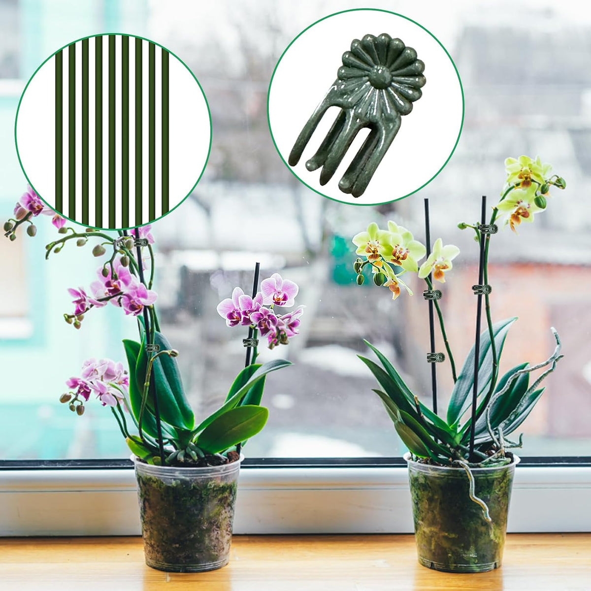 10Pcs Plant Support Stakes with 15Pcs Plant Clips, 15.75inch Tall Bendable Single Stem Sticks Orchid Clips Brown Helps Growth for Indoor Outdoor Flowers Rose Amaryllis