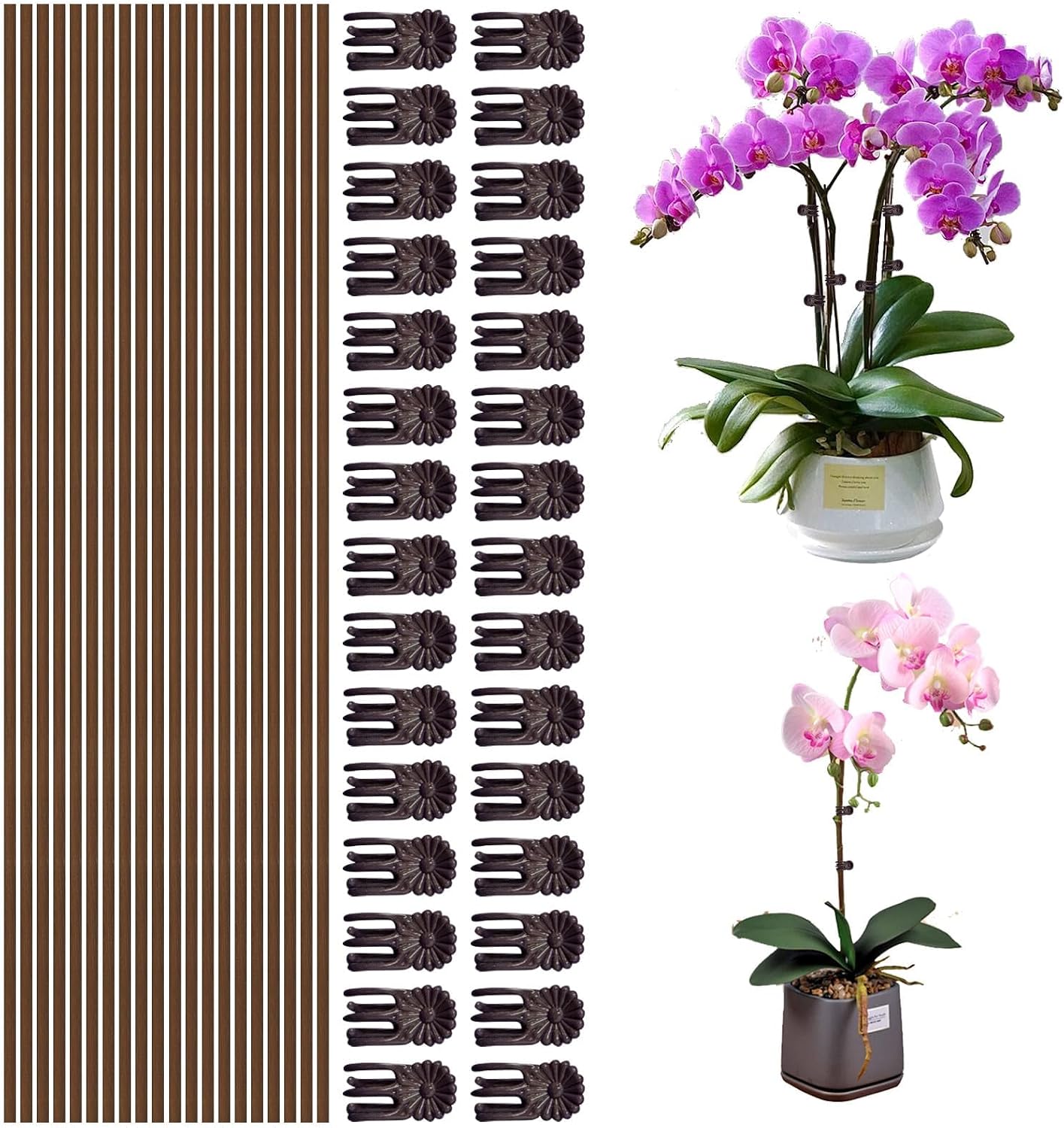 10Pcs Plant Support Stakes with 15Pcs Plant Clips, 15.75inch Tall Bendable Single Stem Sticks Orchid Clips Brown Helps Growth for Indoor Outdoor Flowers Rose Amaryllis