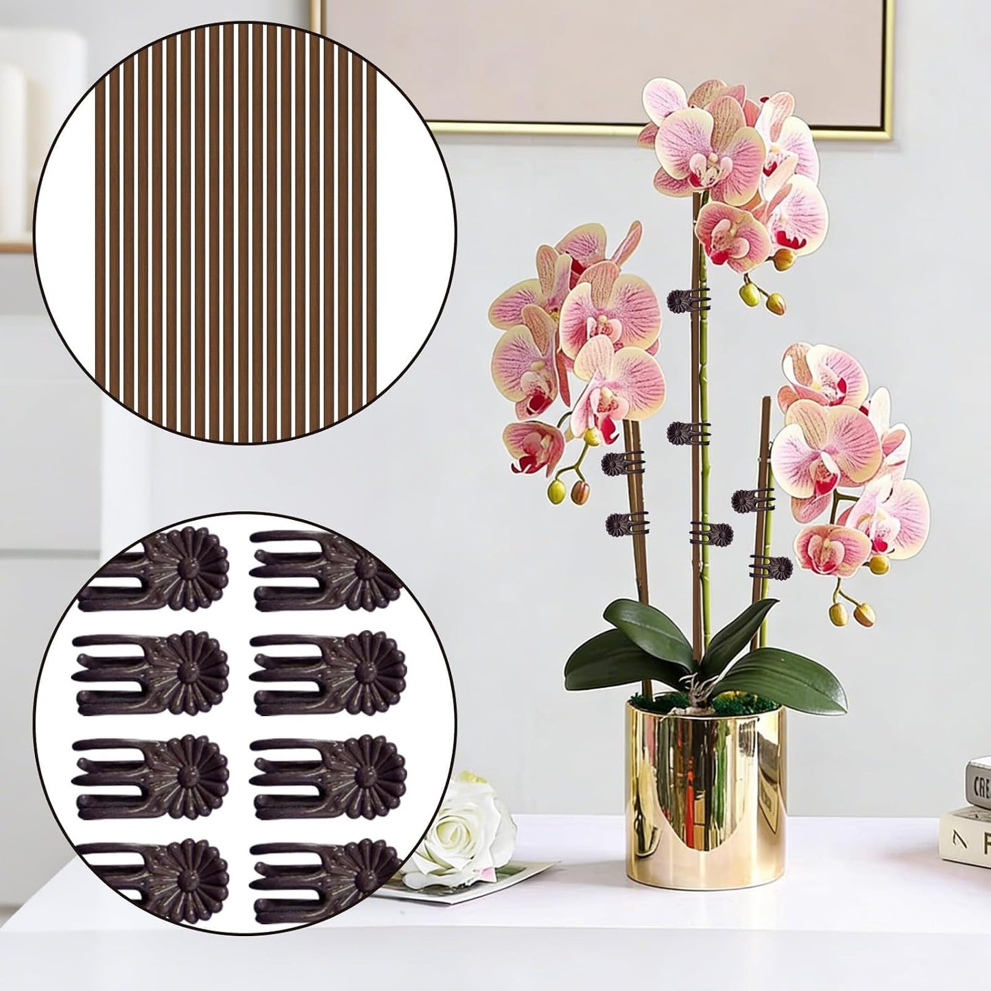10Pcs Plant Support Stakes with 15Pcs Plant Clips, 15.75inch Tall Bendable Single Stem Sticks Orchid Clips Brown Helps Growth for Indoor Outdoor Flowers Rose Amaryllis