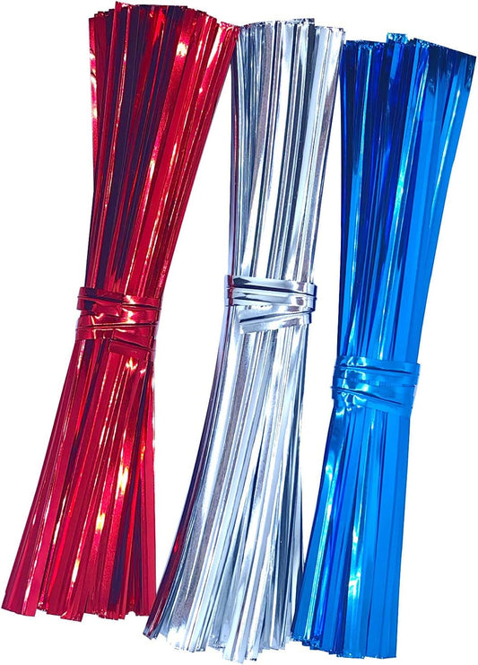 300pcs Metal Twist Ties for Bread Candy Coffee Cookie Bags 4inch Plant Ties Reusable Cable Tie Flexible Banister for Garden Home Kitchen Office Garage Party Xmas Decor (Red & White & Blue)