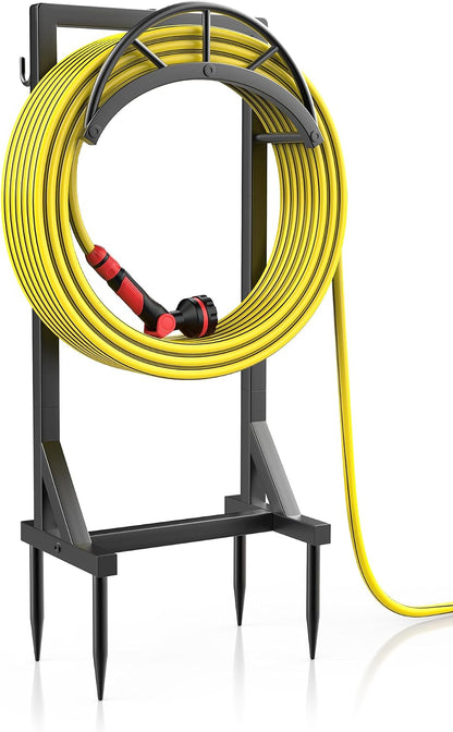 Garden Hose Holder, Metal Water Hose Storage Stand Hanger, Freestanding Water Hose Organizer Rack with 2 Tool Hooks for Outdoor Yards, Farms and Lawns, Black