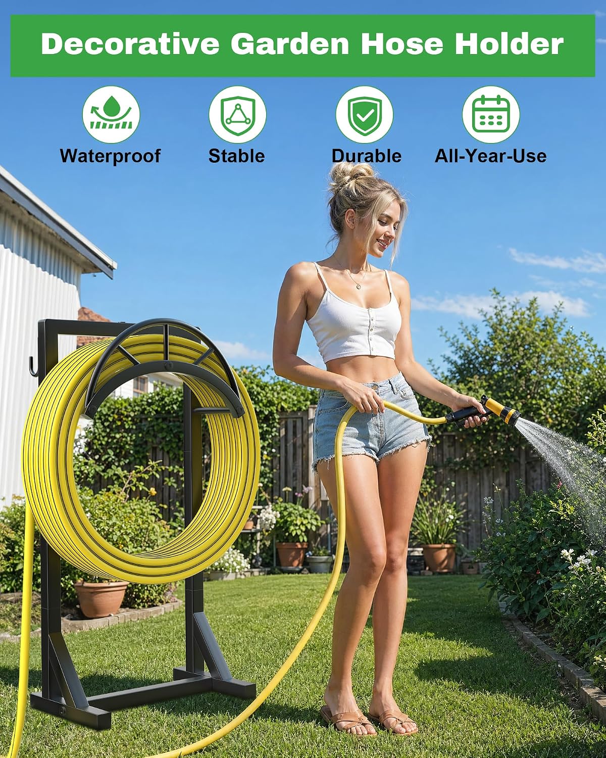 Garden Hose Holder, Metal Water Hose Storage Stand Hanger, Freestanding Water Hose Organizer Rack with 2 Tool Hooks for Outdoor Yards, Farms and Lawns, Black