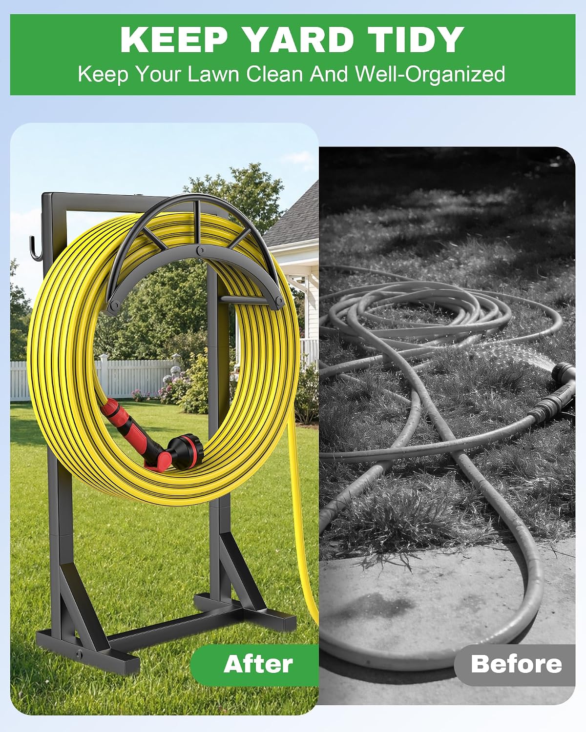 Garden Hose Holder, Metal Water Hose Storage Stand Hanger, Freestanding Water Hose Organizer Rack with 2 Tool Hooks for Outdoor Yards, Farms and Lawns, Black