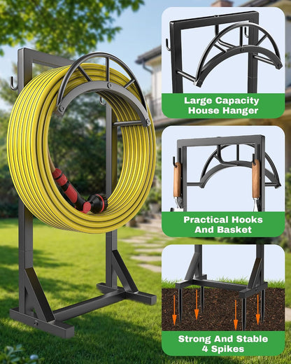 Garden Hose Holder, Metal Water Hose Storage Stand Hanger, Freestanding Water Hose Organizer Rack with 2 Tool Hooks for Outdoor Yards, Farms and Lawns, Black
