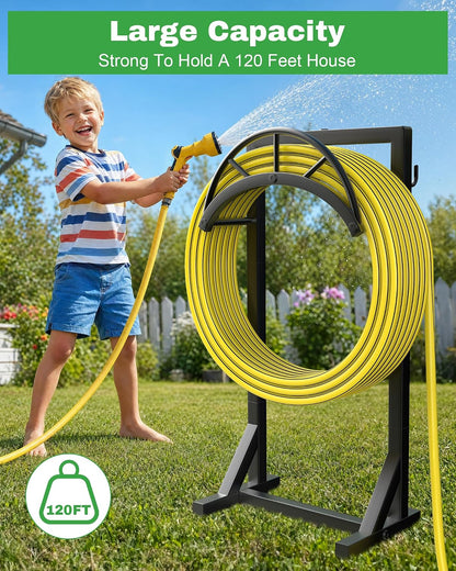Garden Hose Holder, Metal Water Hose Storage Stand Hanger, Freestanding Water Hose Organizer Rack with 2 Tool Hooks for Outdoor Yards, Farms and Lawns, Black