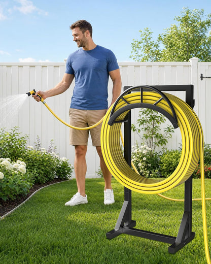 Garden Hose Holder, Metal Water Hose Storage Stand Hanger, Freestanding Water Hose Organizer Rack with 2 Tool Hooks for Outdoor Yards, Farms and Lawns, Black