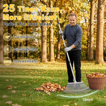 18-Inch Wide Heavy Duty Adjustable Metal Leaf Rake, 62-Inch Long Handle Garden Rake for Lawns, Grass, Flower Beds & Outdoor Yard Cleanup