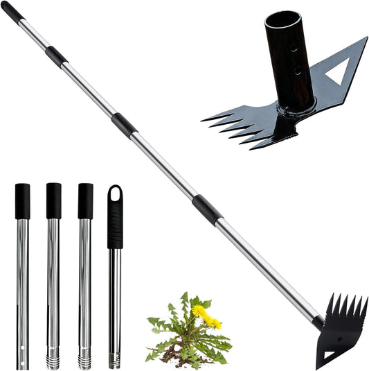 Long Handle Weeding Garden Rake - 2-in-1 Manual Weed Puller Tool with Manganese Steel Head Stand Up Weeder Remover for Lawn Yard Patio Heavy Duty Hand Rake Hoe Combo for Dandelion Removal