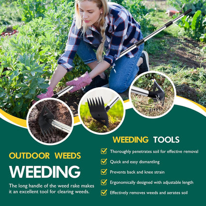 Long Handle Weeding Garden Rake - 2-in-1 Manual Weed Puller Tool with Manganese Steel Head Stand Up Weeder Remover for Lawn Yard Patio Heavy Duty Hand Rake Hoe Combo for Dandelion Removal