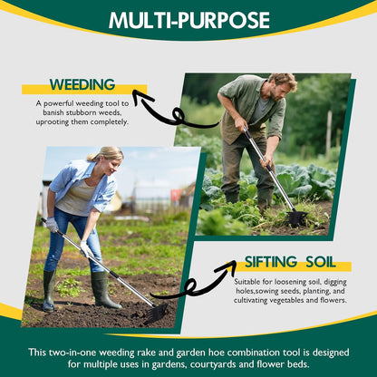 Long Handle Weeding Garden Rake - 2-in-1 Manual Weed Puller Tool with Manganese Steel Head Stand Up Weeder Remover for Lawn Yard Patio Heavy Duty Hand Rake Hoe Combo for Dandelion Removal
