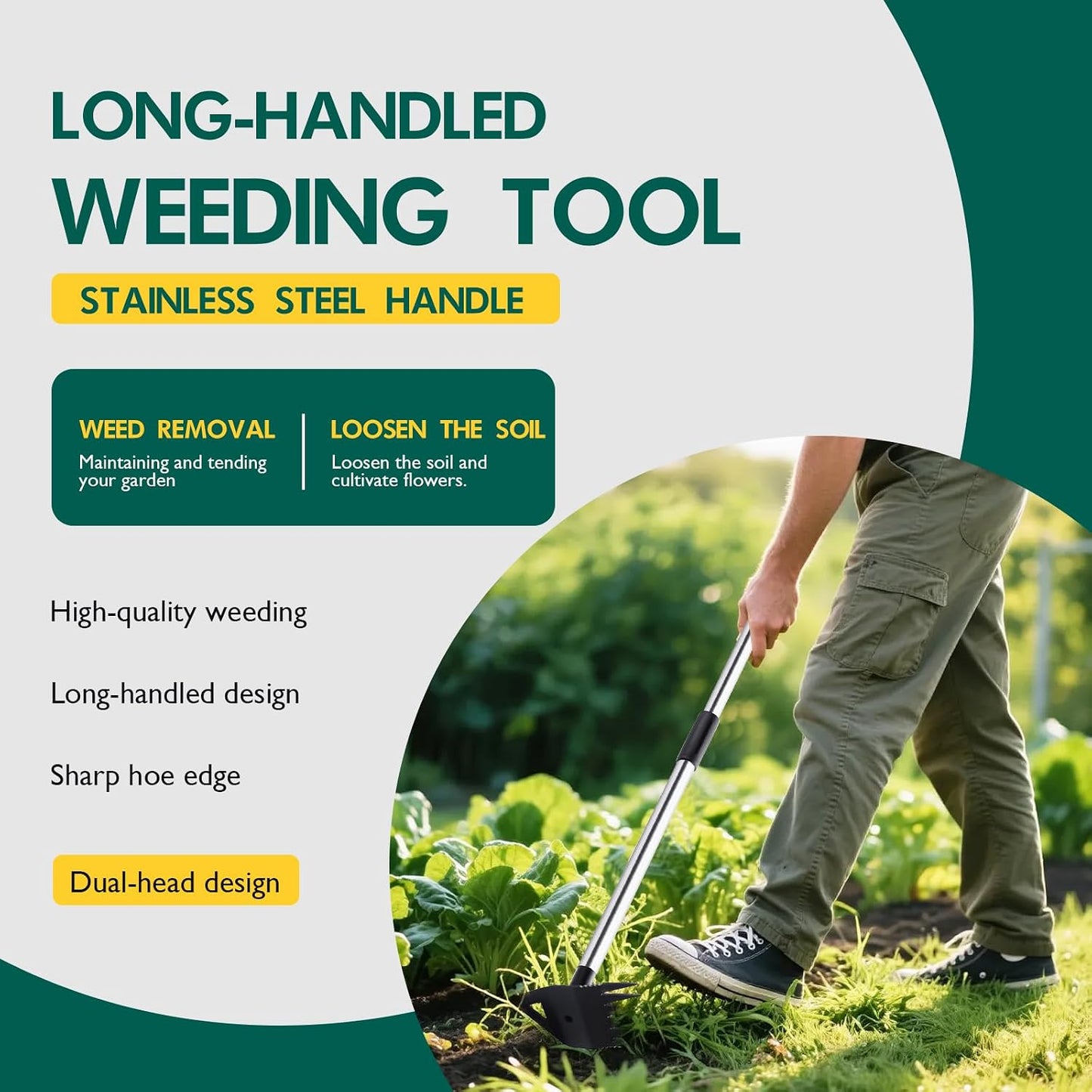 Long Handle Weeding Garden Rake - 2-in-1 Manual Weed Puller Tool with Manganese Steel Head Stand Up Weeder Remover for Lawn Yard Patio Heavy Duty Hand Rake Hoe Combo for Dandelion Removal