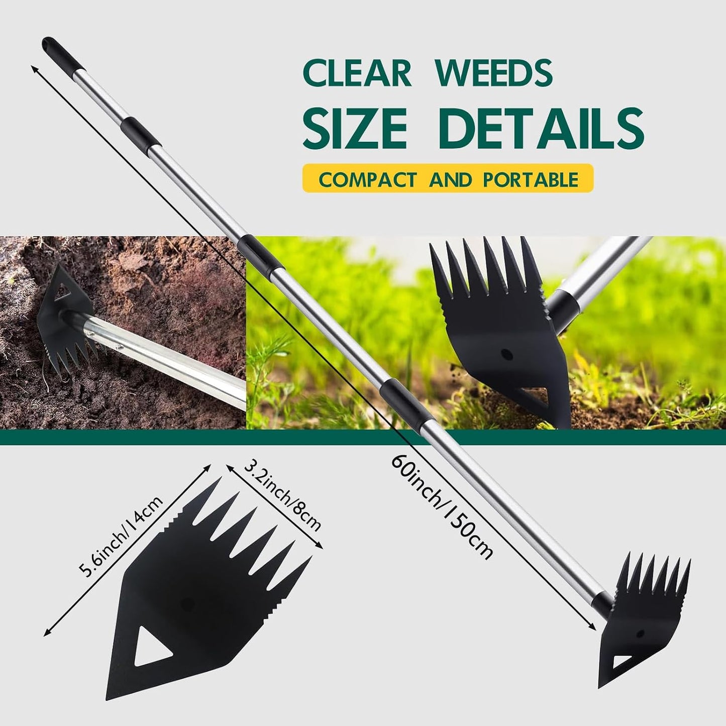 Long Handle Weeding Garden Rake - 2-in-1 Manual Weed Puller Tool with Manganese Steel Head Stand Up Weeder Remover for Lawn Yard Patio Heavy Duty Hand Rake Hoe Combo for Dandelion Removal