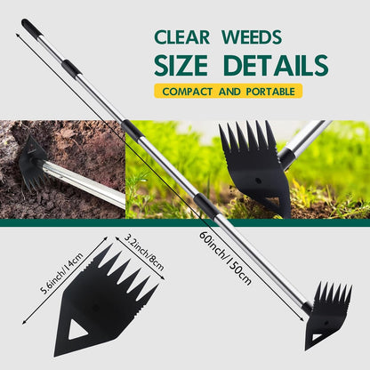 Long Handle Weeding Garden Rake - 2-in-1 Manual Weed Puller Tool with Manganese Steel Head Stand Up Weeder Remover for Lawn Yard Patio Heavy Duty Hand Rake Hoe Combo for Dandelion Removal