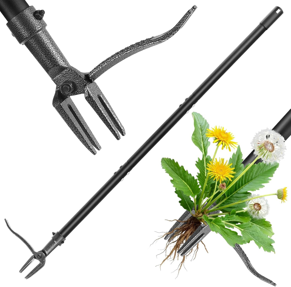 Stand Up Weed Puller Tool, 46" Adjustable Long Handle with 4-Claw Steel Head, Heavy Duty Weeder for Effortless Root Removal, No Bending or Kneeling