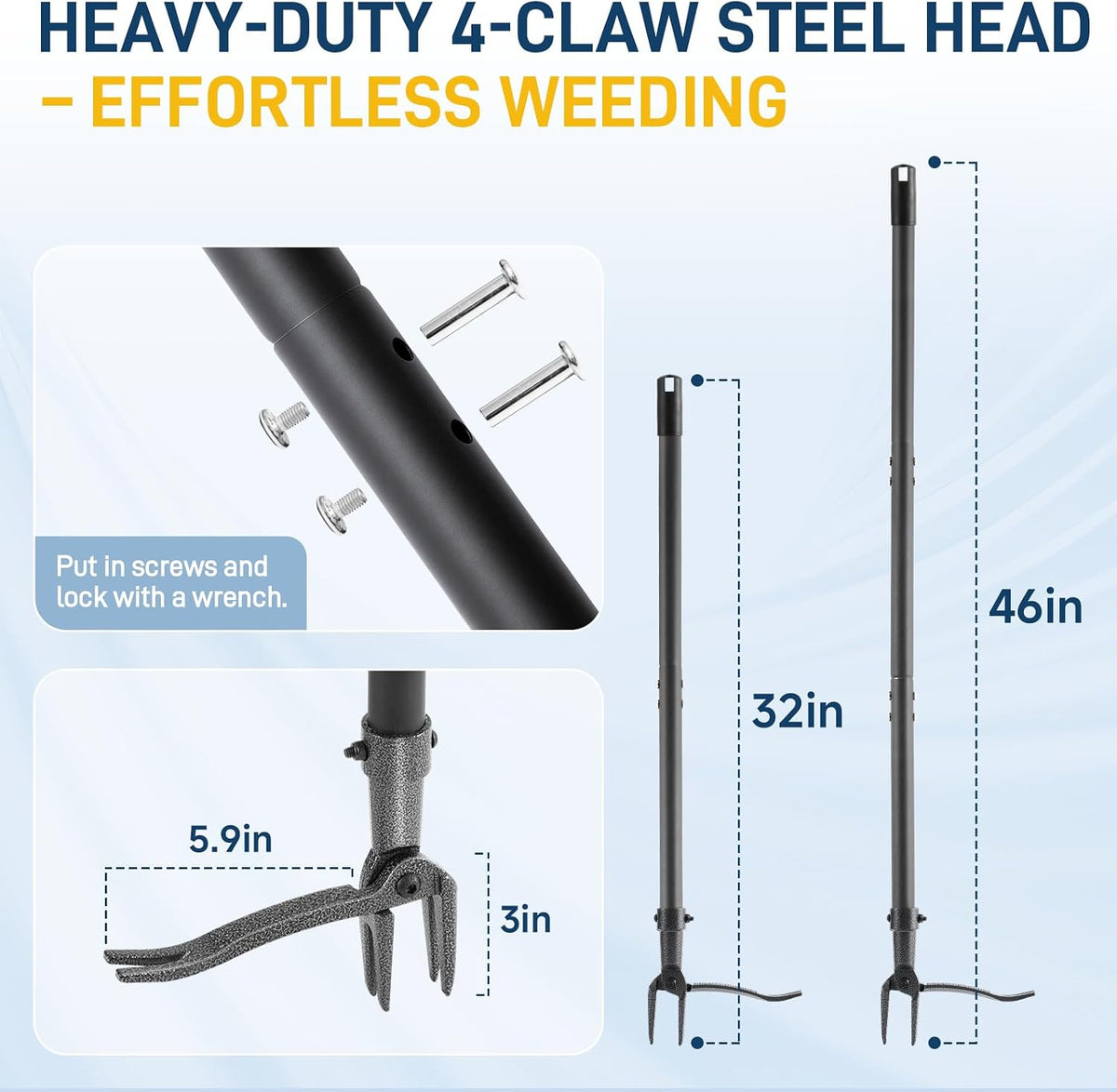 Stand Up Weed Puller Tool, 46" Adjustable Long Handle with 4-Claw Steel Head, Heavy Duty Weeder for Effortless Root Removal, No Bending or Kneeling