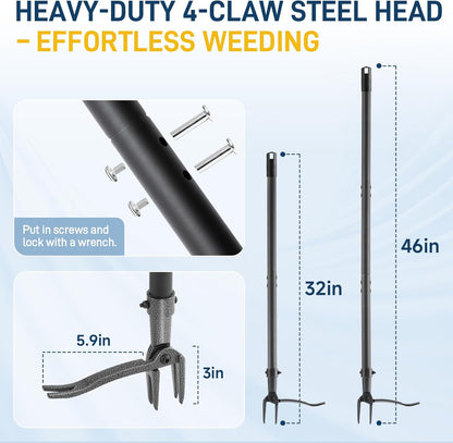 Stand Up Weed Puller Tool, 46" Adjustable Long Handle with 4-Claw Steel Head, Heavy Duty Weeder for Effortless Root Removal, No Bending or Kneeling