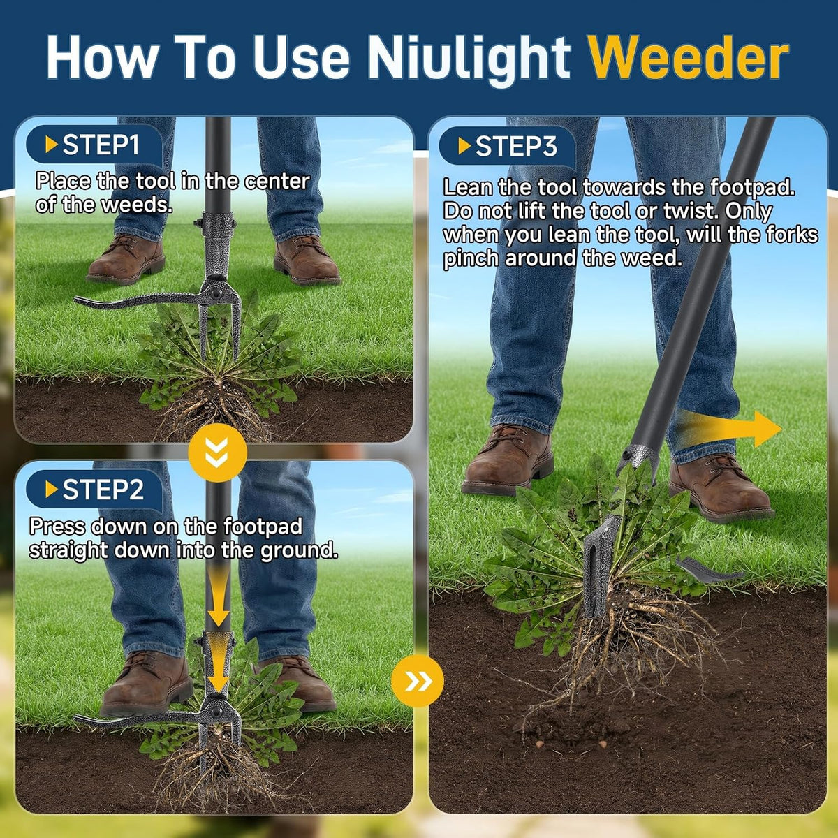 Stand Up Weed Puller Tool, 46" Adjustable Long Handle with 4-Claw Steel Head, Heavy Duty Weeder for Effortless Root Removal, No Bending or Kneeling